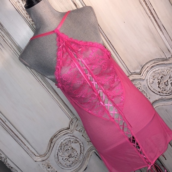 Seven Til Midnight Hot Pink Net Corset Style Nighty Size Queen - Picture 2 of 9